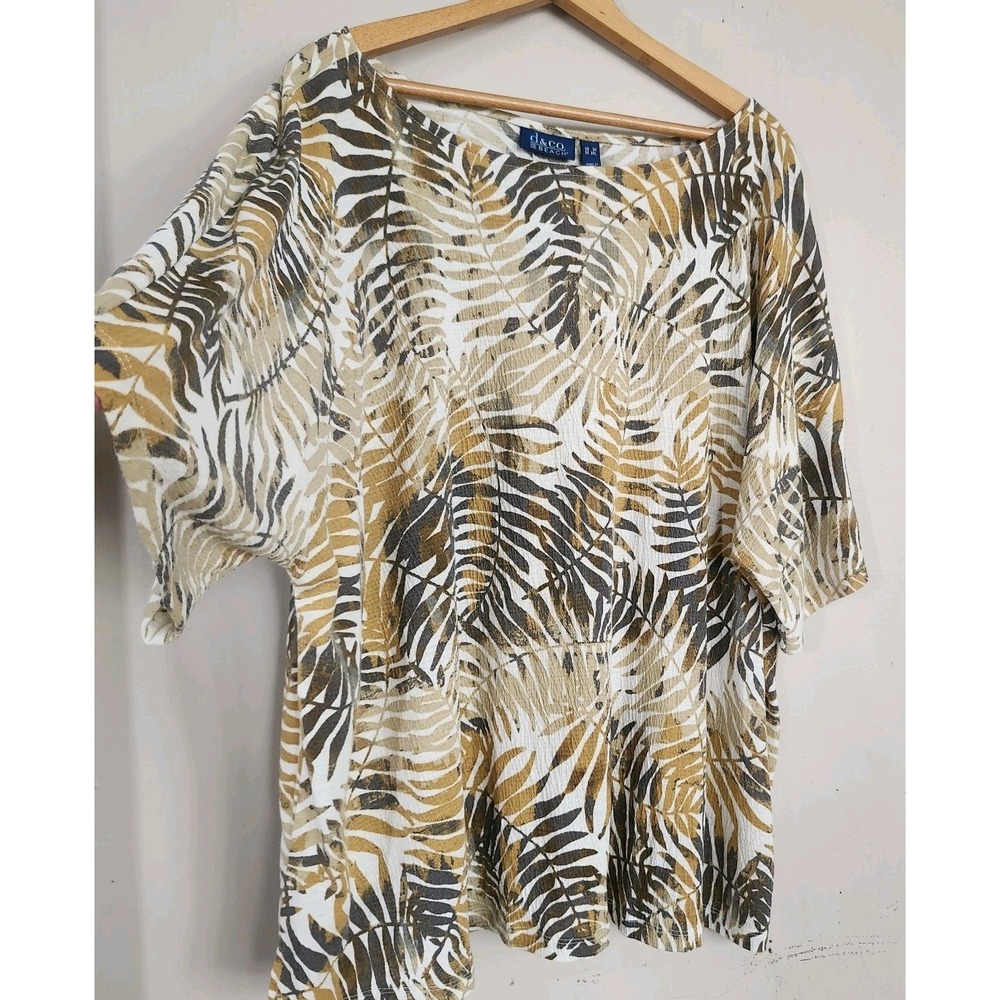 Denim & Co Beach Womens 3X Shirt Gauze Leaf Print Linen Blend Coastal Vacation - Picture 2 of 4